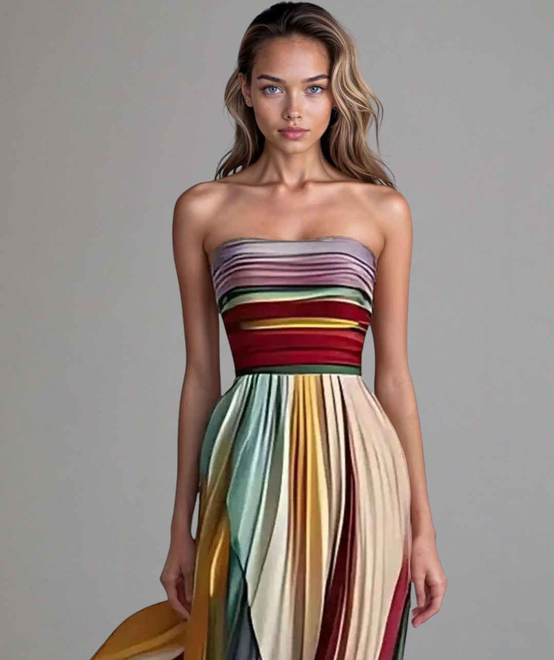 Pola | Trägerloses mehrfarbiges plissiertes Maxikleid